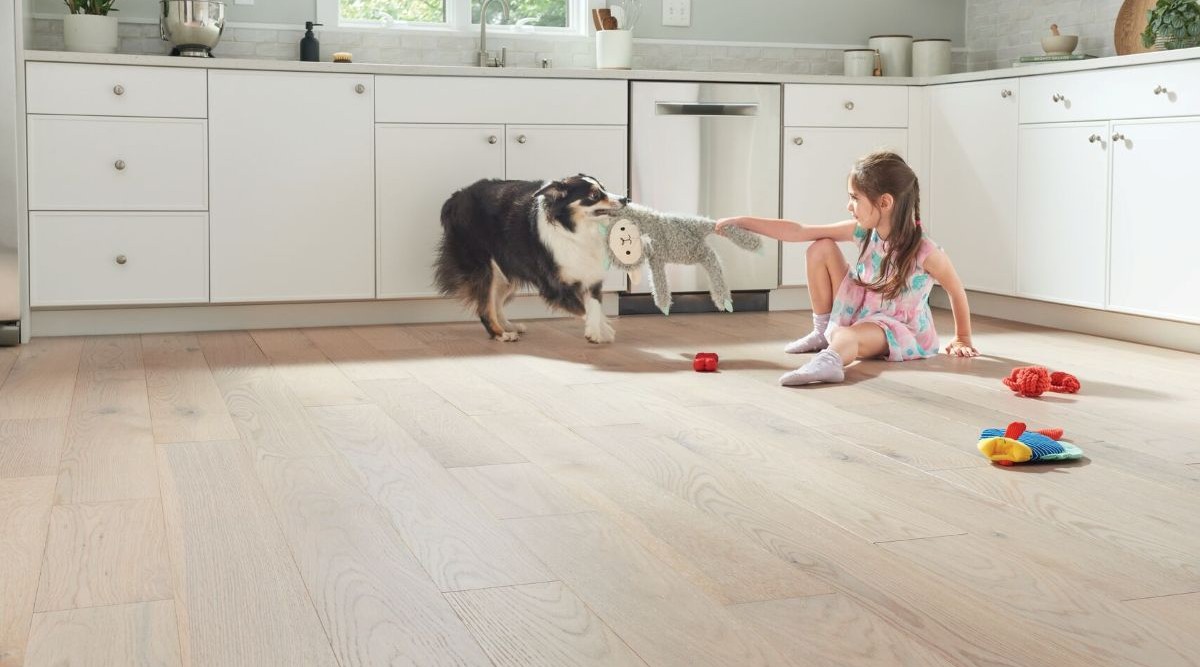 Young girl playing with dog on an engineered hardwood floor in the kitchen