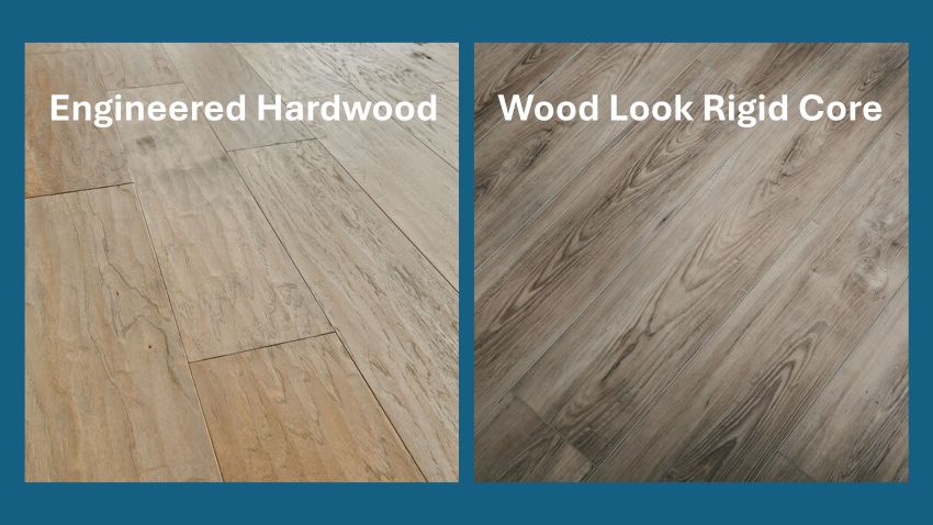 Close up comparison of rigid core vs engineered hardwood flooring