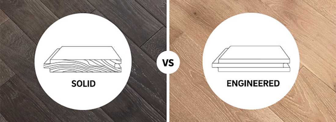 Split image of solid hardwood vs. engineered hardwood